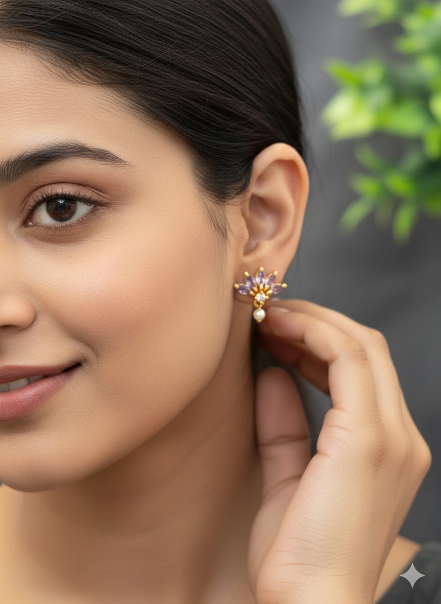 Lavender Stone Floral Pearl Drop Studs STD009