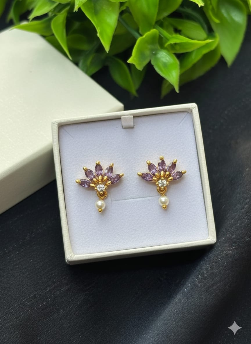 Lavender Stone Floral Pearl Drop Studs STD009