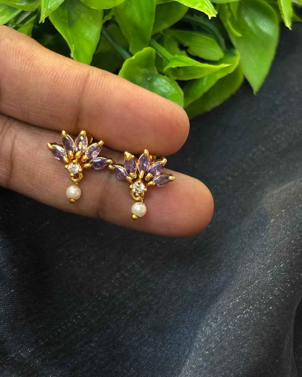Lavender Stone Floral Pearl Drop Studs STD009