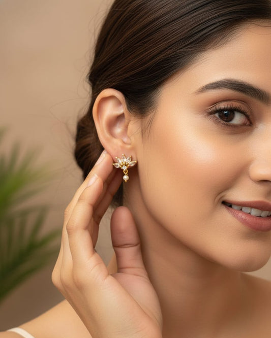 White Stone Floral Pearl Drop Studs STD010