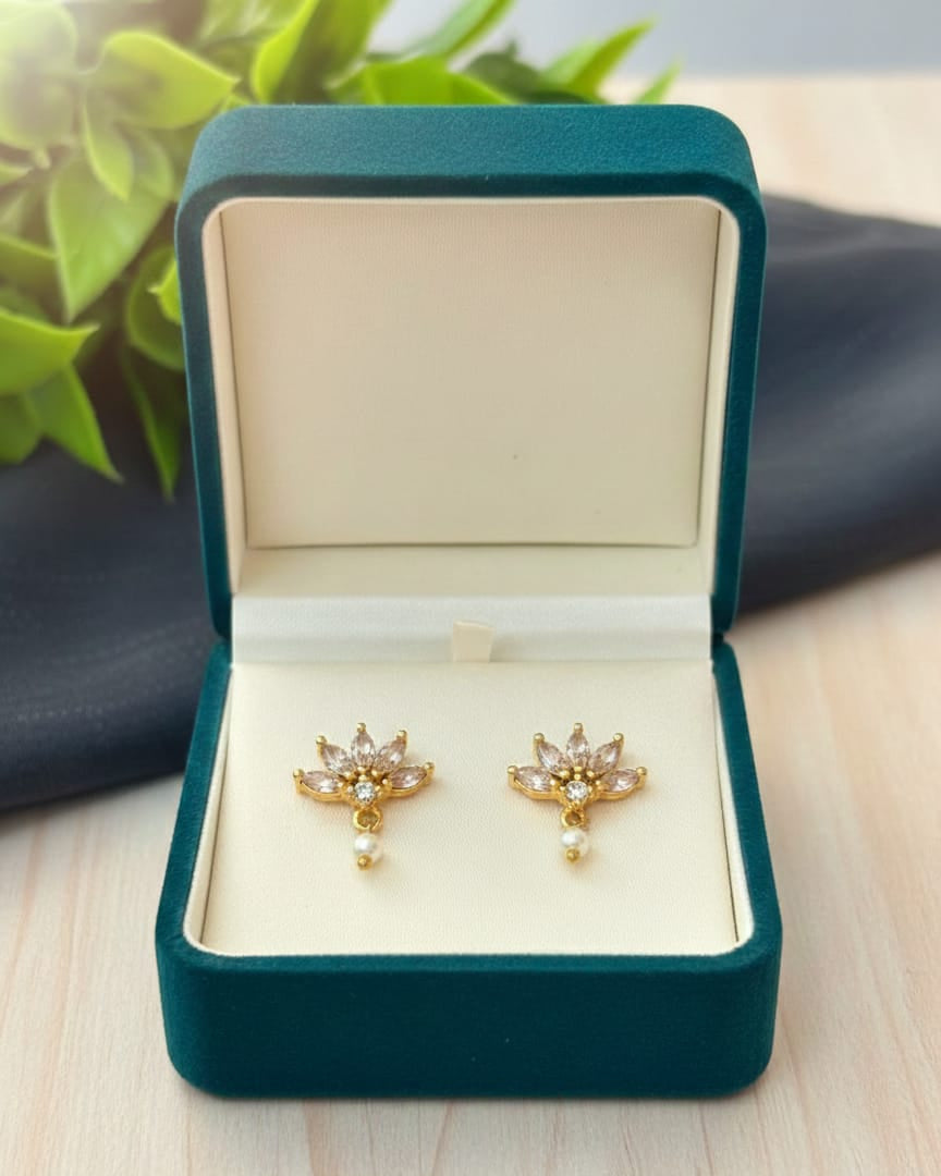 White Stone Floral Pearl Drop Studs STD010