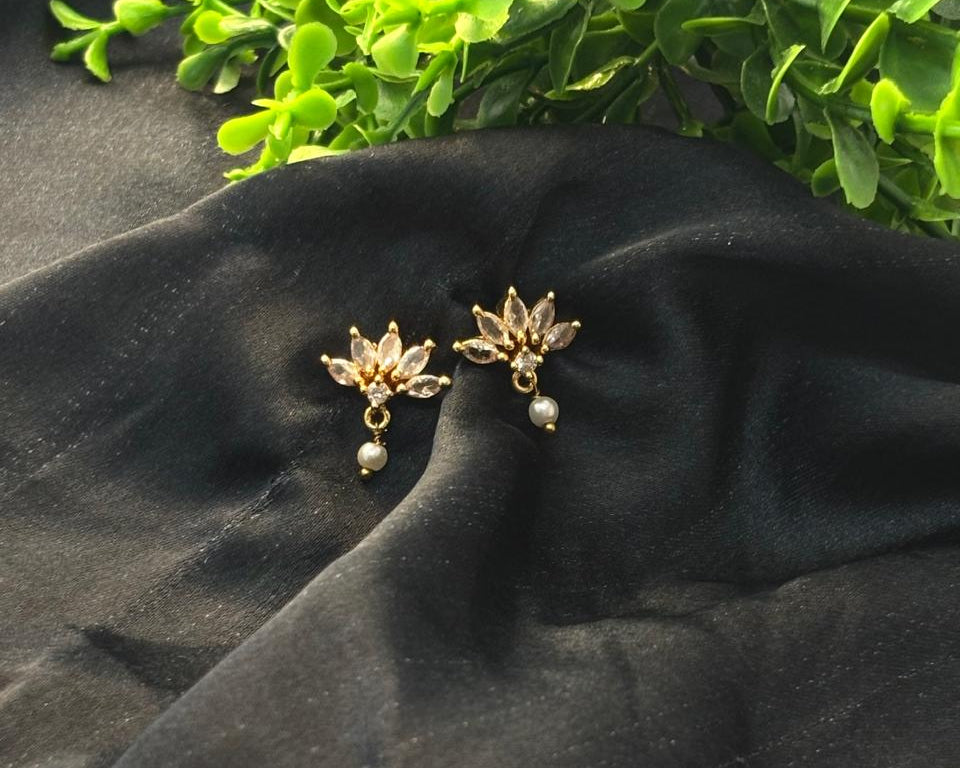 White Stone Floral Pearl Drop Studs STD010