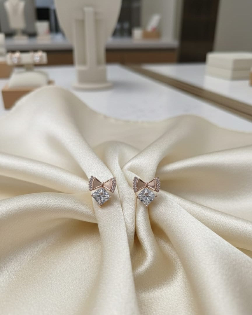 Rose Glod Crystal Bow Stud Earrings DFE004