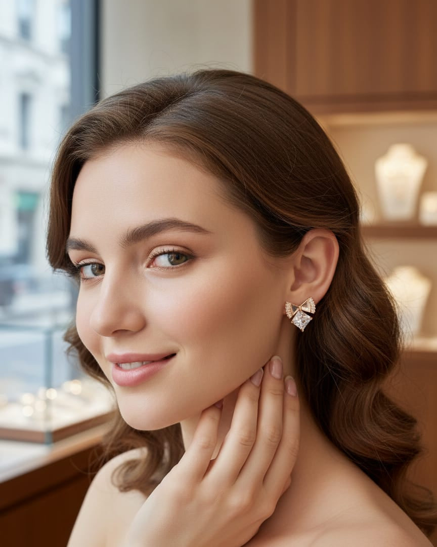 Rose Glod Crystal Bow Stud Earrings DFE004