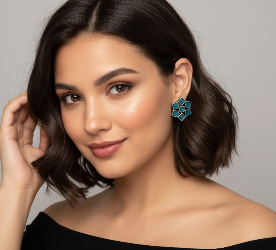 Vintage-Inspired Teal Flower Stud Earrings DFE014