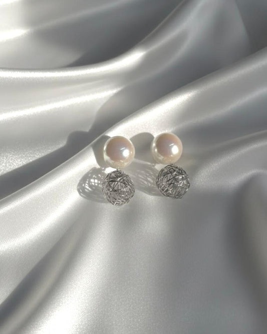 Pearl and Silver wire Ball Studs Earrings DFE022