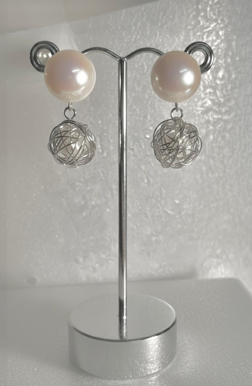 Pearl and Silver wire Ball Studs Earrings DFE022