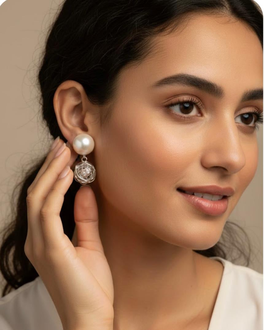 Pearl and Silver wire Ball Studs Earrings DFE022
