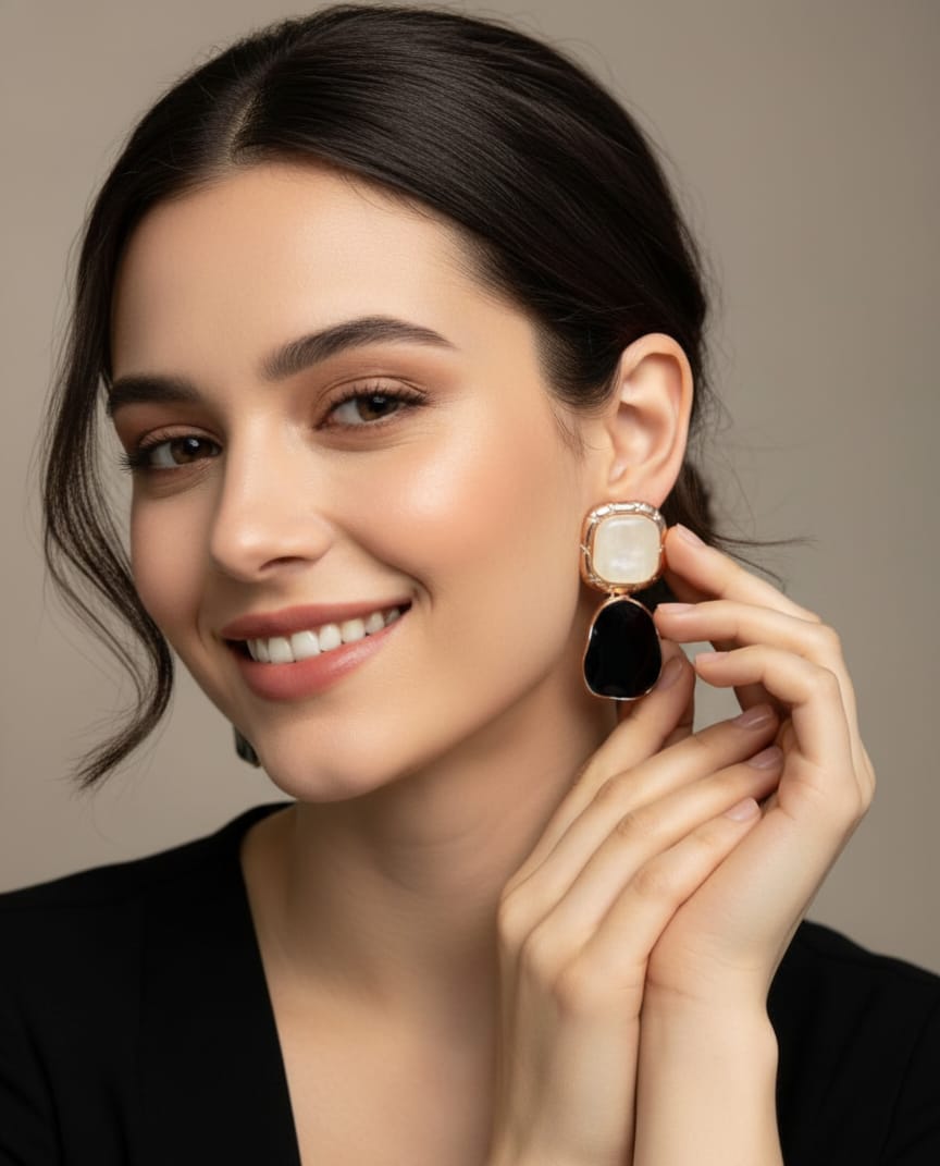 Rose Gold Pearl and Black Stone Drop Earrings DFE027