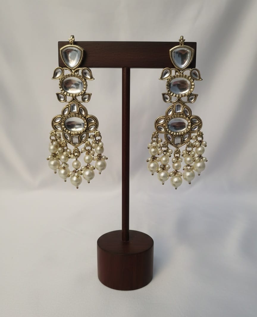 Antique Gold Kundan Pearl Long Earrings CHB003