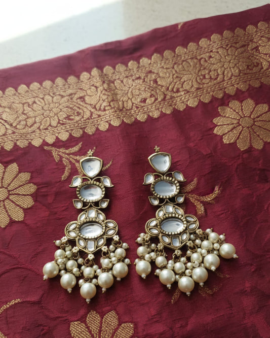 Antique Gold Kundan Pearl Long Earrings CHB003