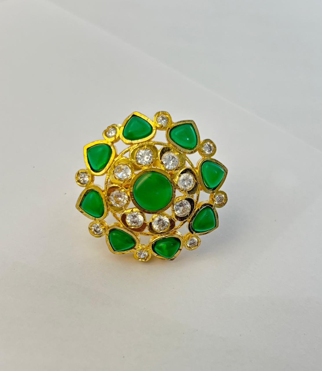 Adjustable Kundan Ring with Emarald and White Crystals with 18K Gold Plated RNG019