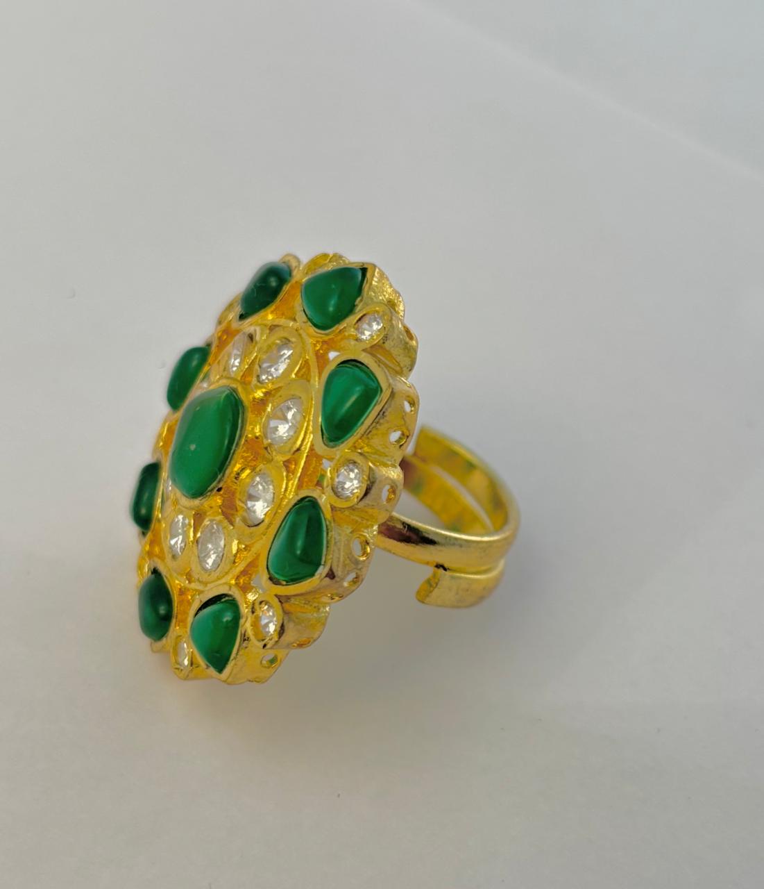 Adjustable Kundan Ring with Emarald and White Crystals with 18K Gold Plated RNG019