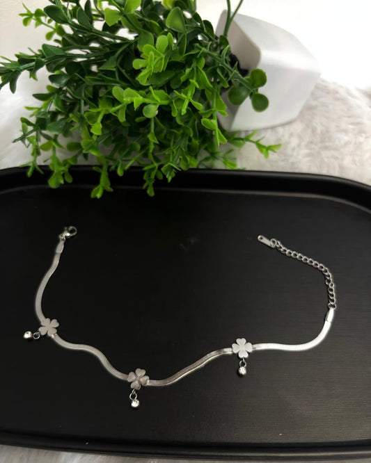 Silver Clover Charm Anklet with White Crystal Droplets ANK010