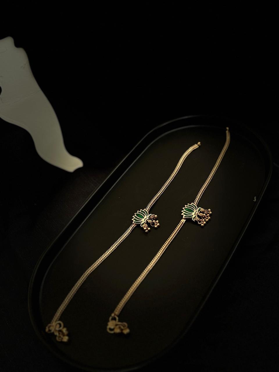 Gold-Plated Lotus Anklet with Green Meenakari Work ANK002