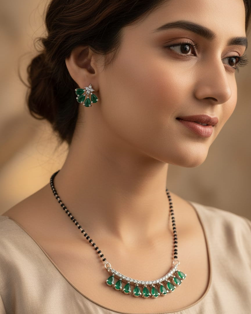 Elegant Emerald and Diamond Curved Mangal Sutra Set with Matching Earrings MNG002