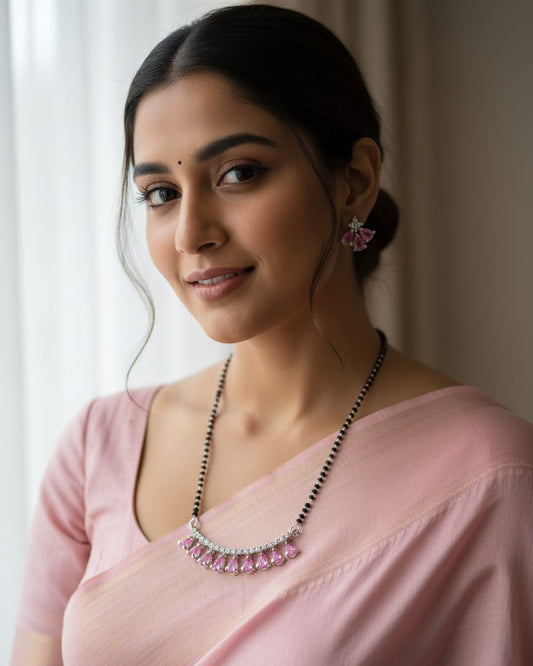 Modern Silver-Plated Mangal Sutra Set with Pink Teardrop Stones and Matching Earrings MNG004