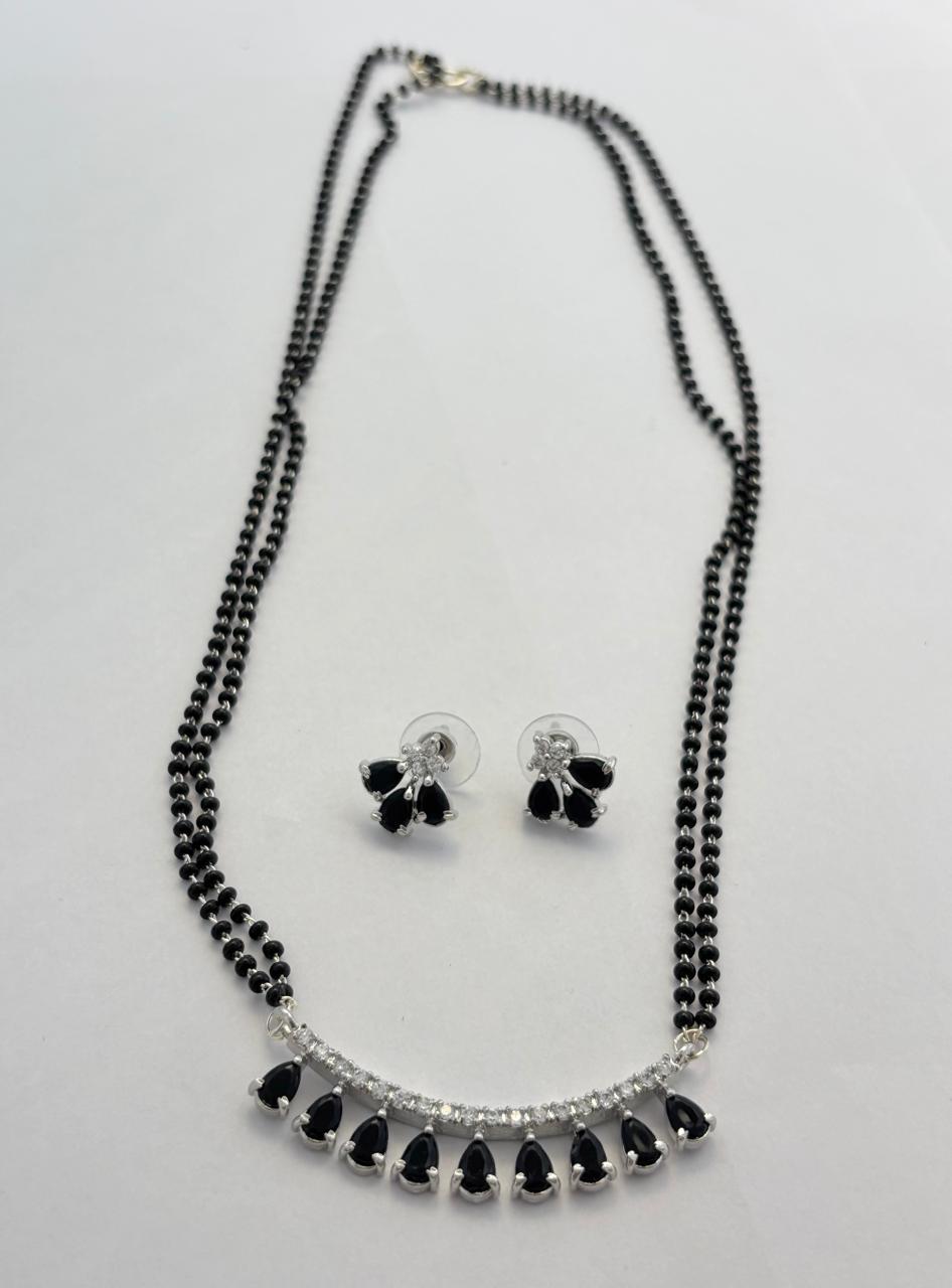 Modern Black Bead Mangal Sutra and Curved Black Diamond Pendant with Earring MNG006