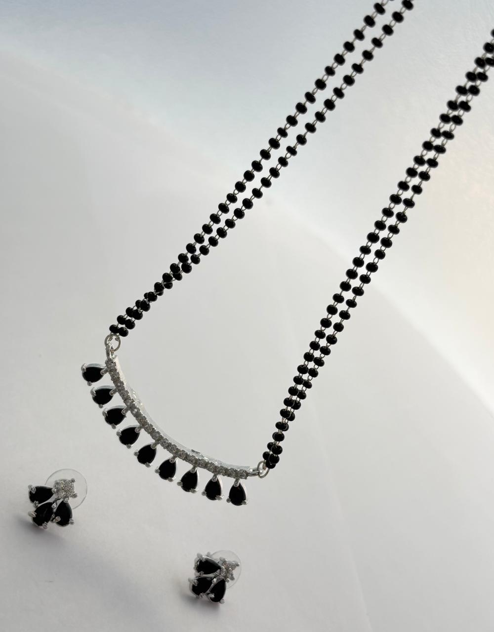 Modern Black Bead Mangal Sutra and Curved Black Diamond Pendant with Earring MNG006