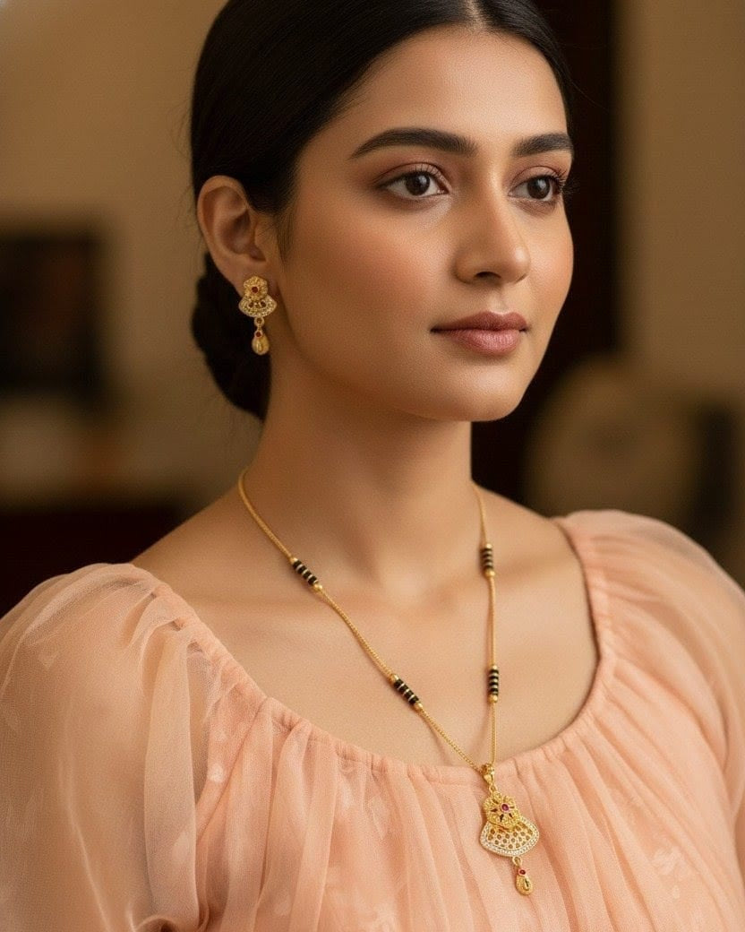 18K Gold plated Short Mangala Sutra with Earrings MNG009