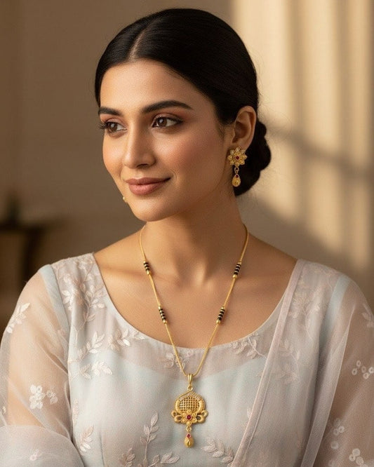 18K Gold plated Short Mangala Sutra with Earrings MNG010