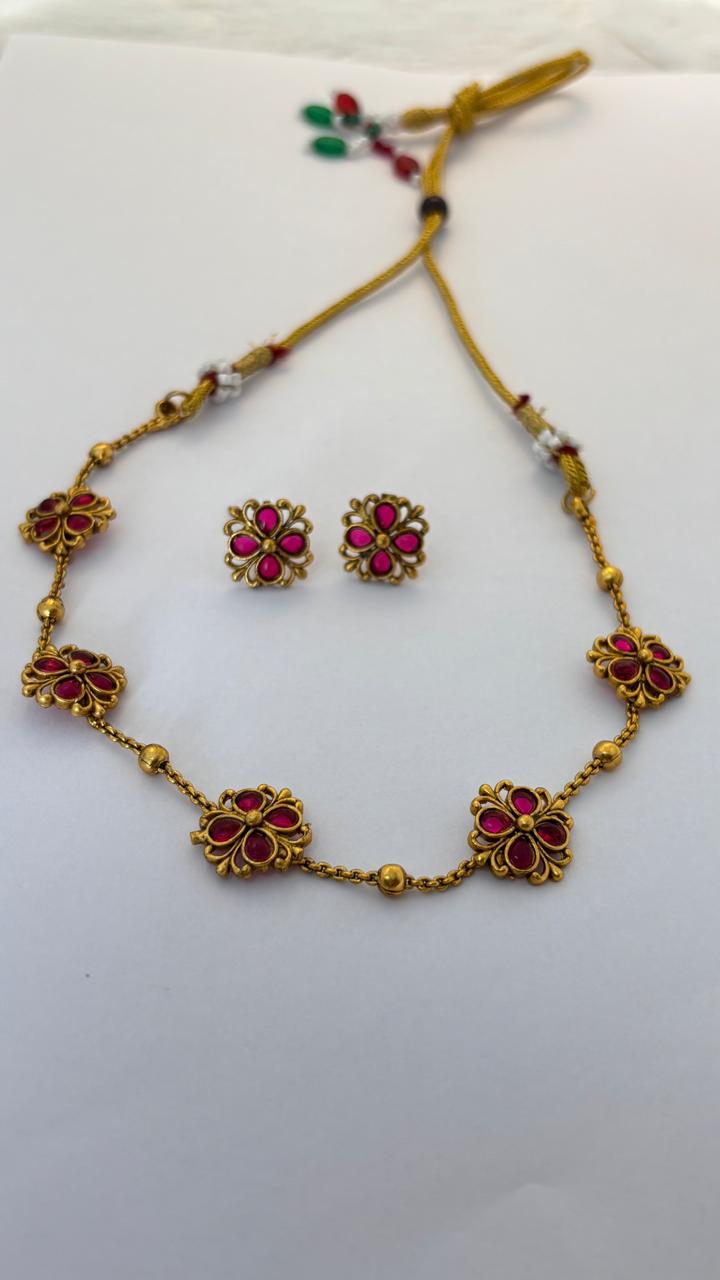 Elegant Ruby Red Floral Choker Set with Matching Stud Earrings CH004