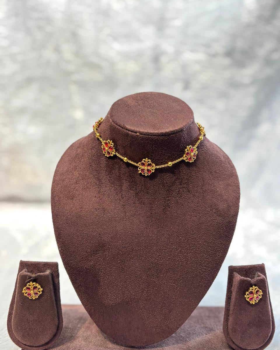 Elegant Ruby Red Floral Choker Set with Matching Stud Earrings CH004