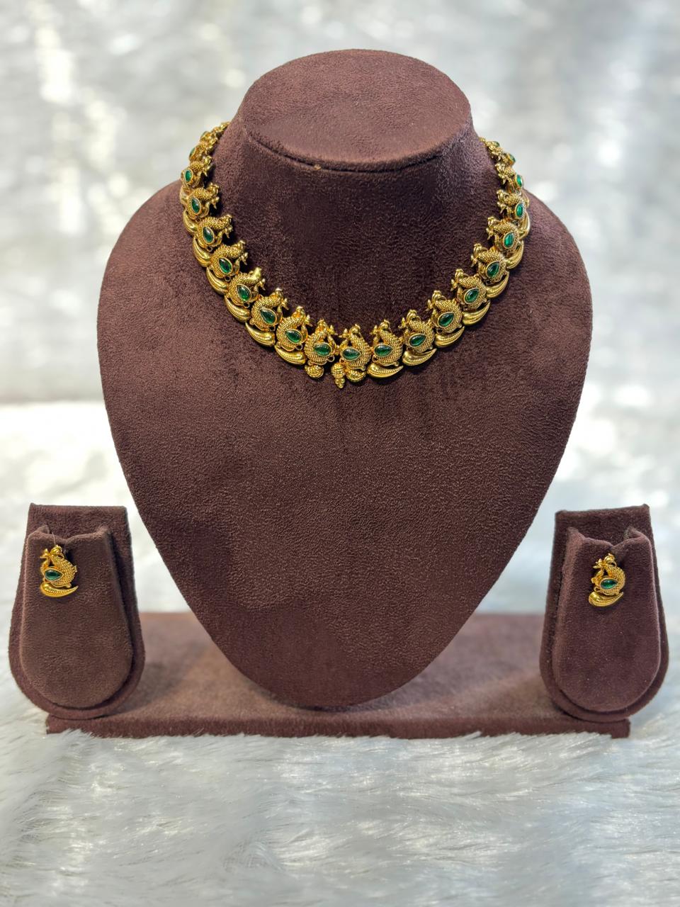 Traditional South Indian Gold-Plated Peacock and Mango Design Necklace set with Green Stones CH006