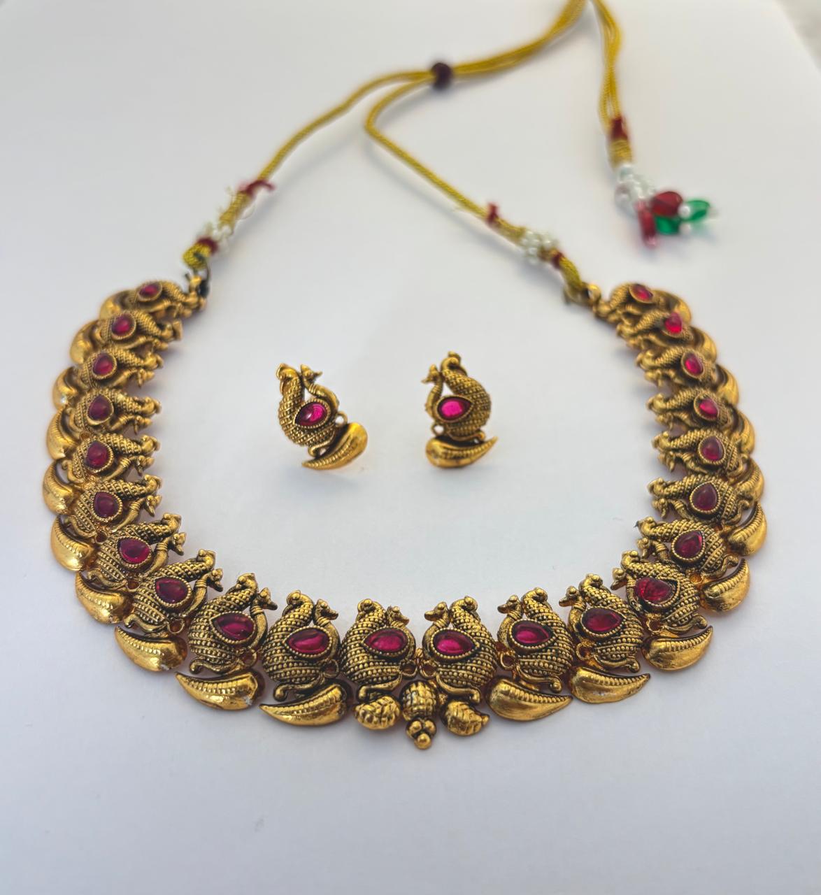 Traditional South Indian Gold-Plated Peacock and Mango Design Necklace set with Rani Pink CH007