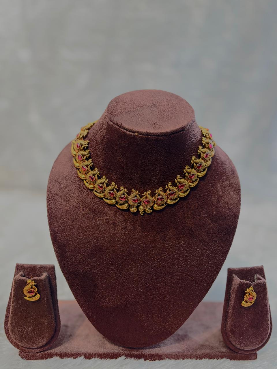 Traditional South Indian Gold-Plated Peacock and Mango Design Necklace set with Rani Pink CH007