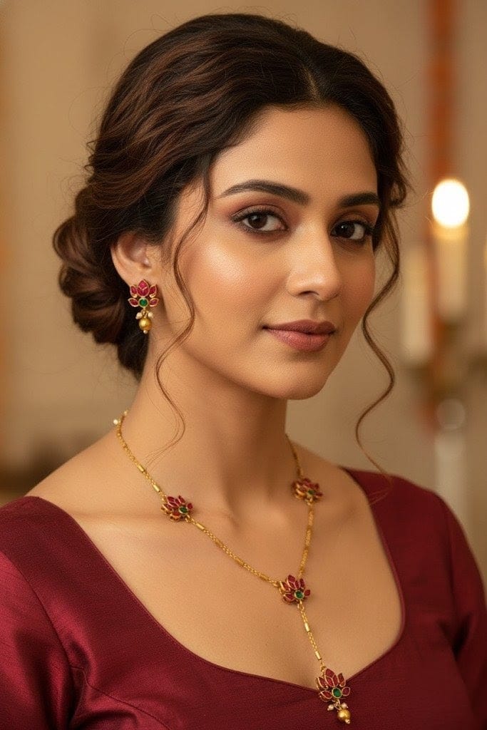 Gold-Plated Lotus Flower Y-Necklace with Pink and Green Stones Traditional Jewelry Set LTN002