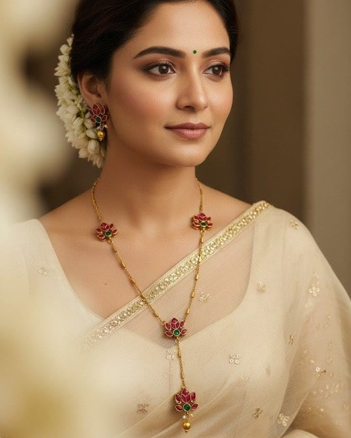 Gold-Plated Lotus Flower Y-Necklace with Pink and Green Stones Traditional Jewelry Set LTN002