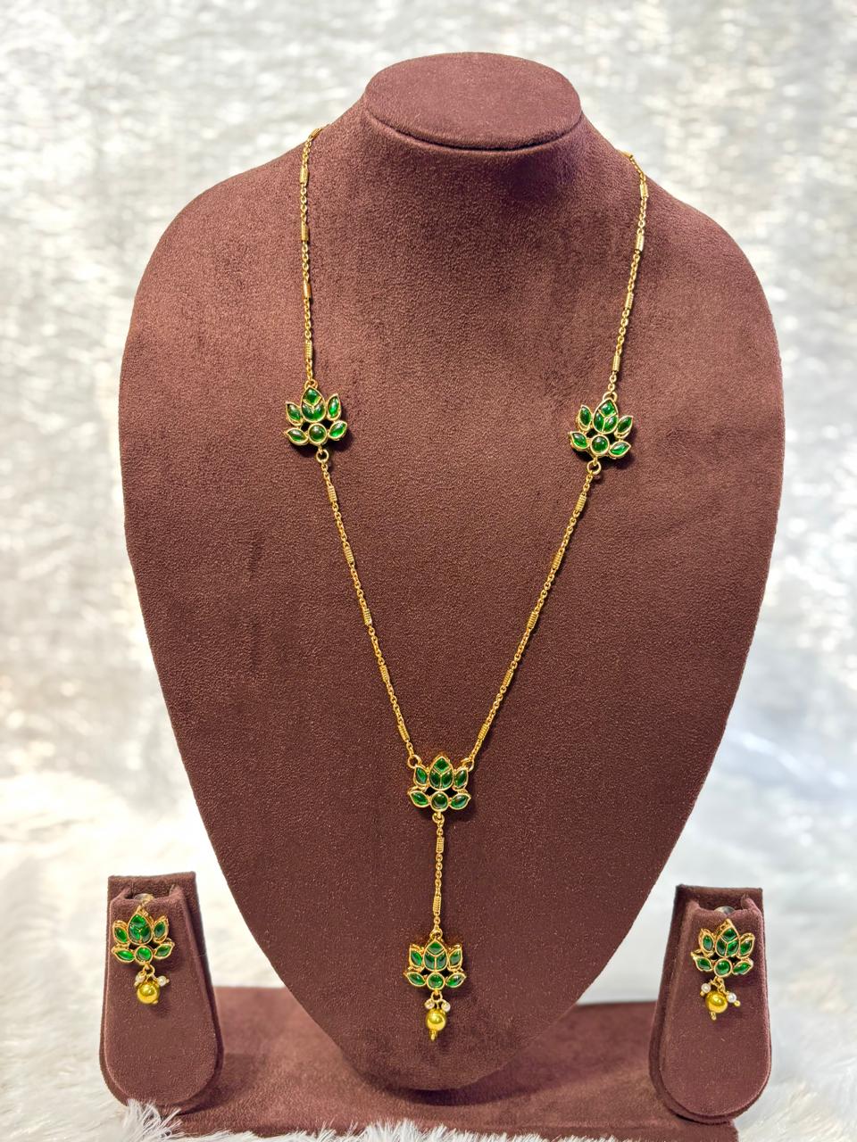 Gold-Plated Lotus Flower Y-Necklace with Green Stones Traditional Jewelry Set LTN003