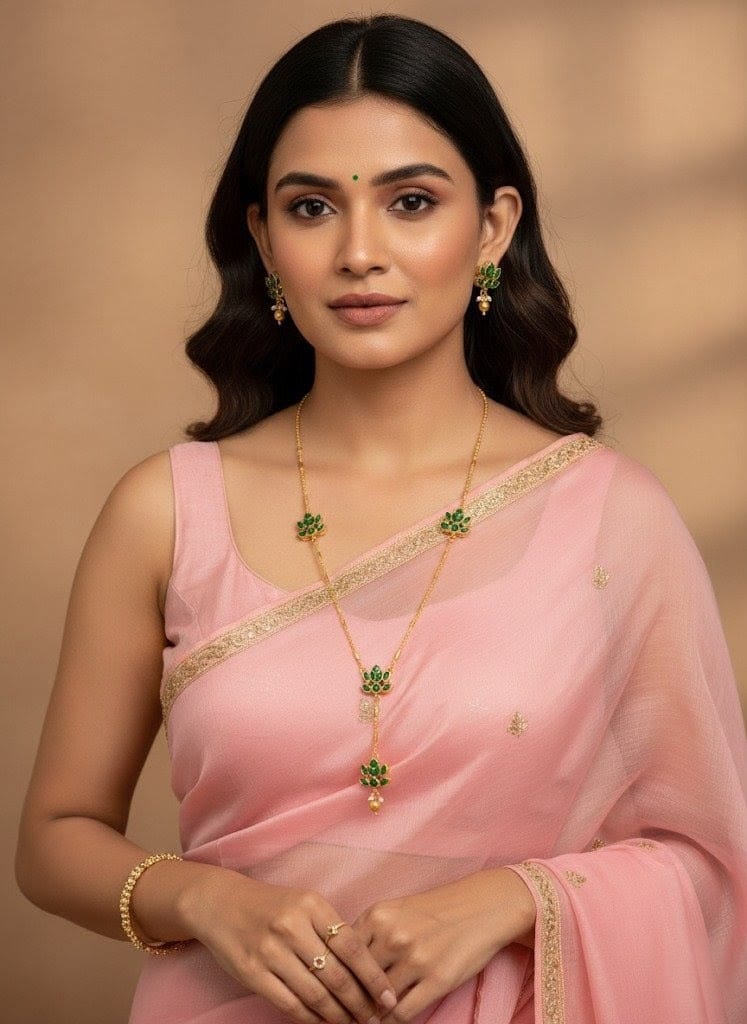 Gold-Plated Lotus Flower Y-Necklace with Green Stones Traditional Jewelry Set LTN003