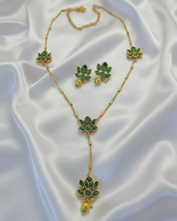 Gold-Plated Lotus Flower Y-Necklace with Green Stones Traditional Jewelry Set LTN003