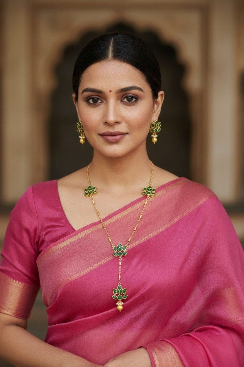 Gold-Plated Lotus Flower Y-Necklace with Green Stones Traditional Jewelry Set LTN003