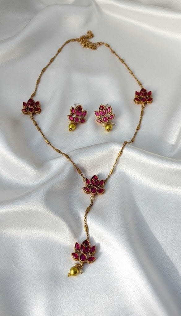 Gold-Plated Lotus Flower Y-Necklace with Pink Stones Traditional Jewelry Set LTS004