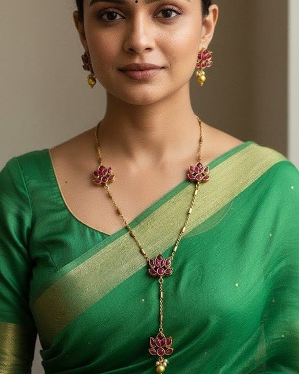 Gold-Plated Lotus Flower Y-Necklace with Pink Stones Traditional Jewelry Set LTS004