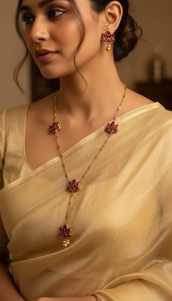 Gold-Plated Lotus Flower Y-Necklace with Pink Stones Traditional Jewelry Set LTS004