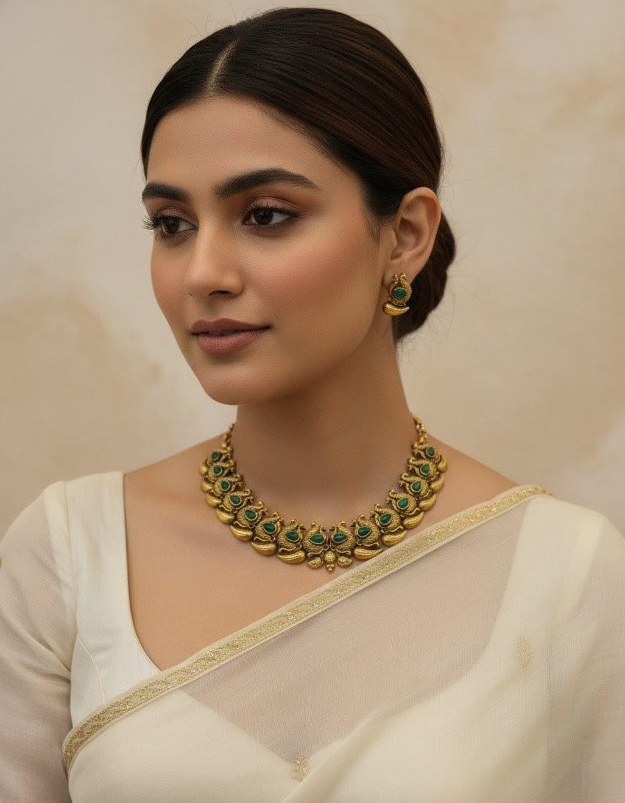 Traditional South Indian Gold-Plated Peacock and Mango Design Necklace set with Green Stones CH006