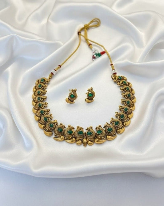 Traditional South Indian Gold-Plated Peacock and Mango Design Necklace set with Green Stones CH006