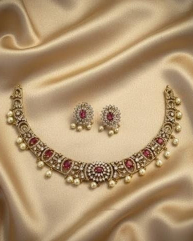 Antique Gold Victorian Stones Necklace Set with Ruby-Red Stones and pearl Droplets VCT013