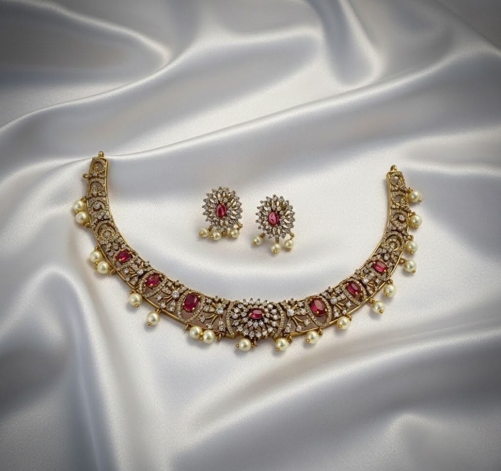 Antique Gold Victorian Stones Necklace Set with Ruby-Red Stones and pearl Droplets VCT013