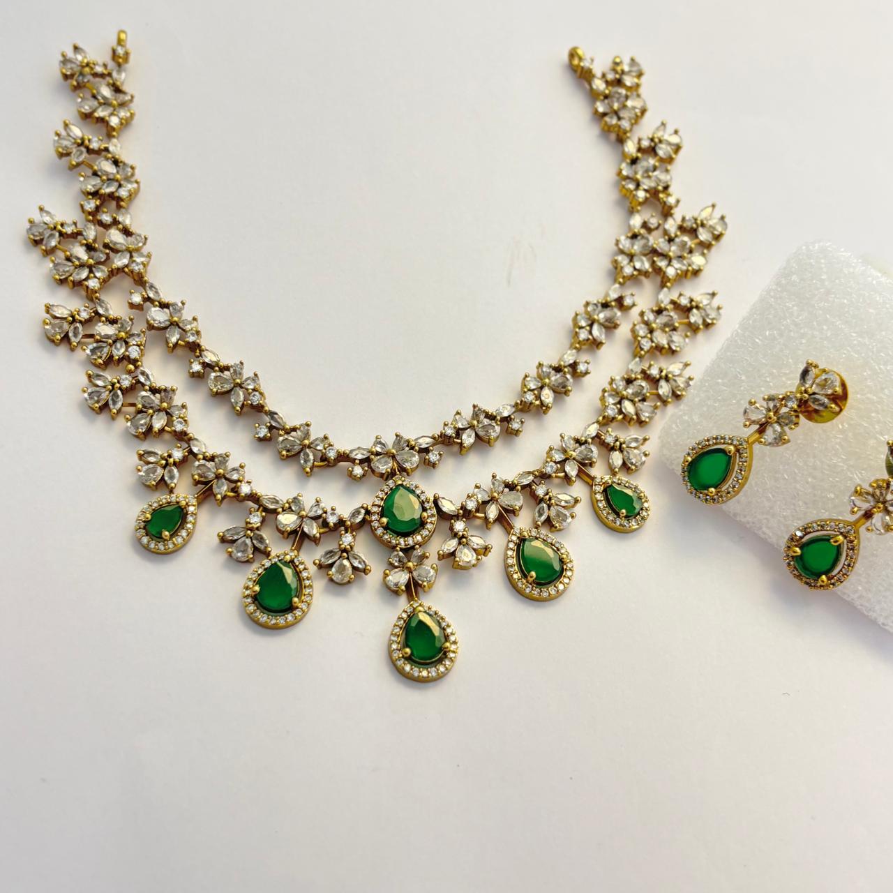 Emerald Green and Crystal Floral Double-Layer Victorian Stone Necklace and Earring Set VCT007