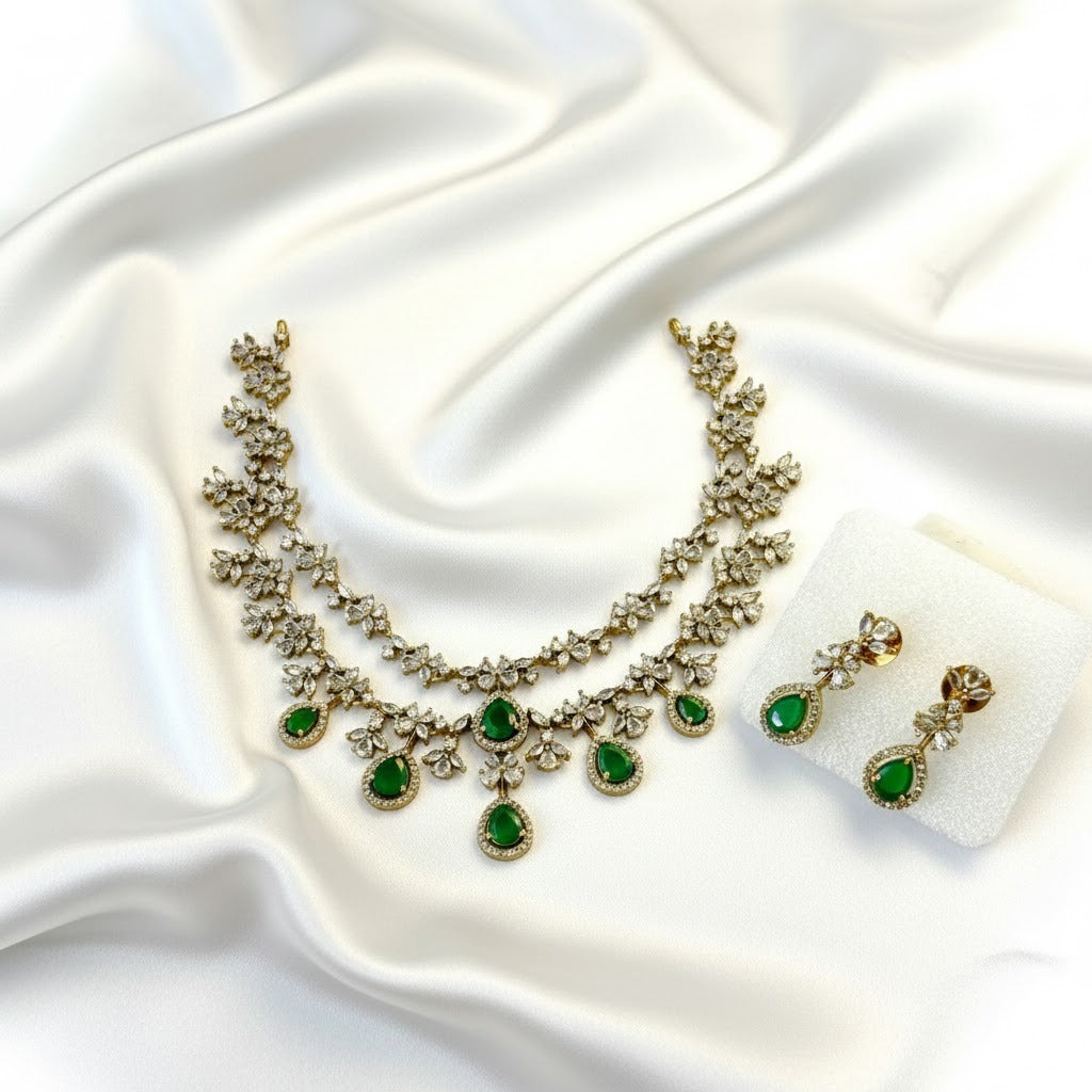 Emerald Green and Crystal Floral Double-Layer Victorian Stone Necklace and Earring Set VCT007