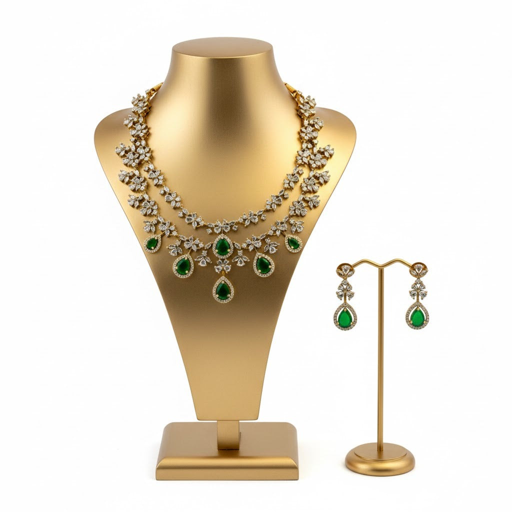 Emerald Green and Crystal Floral Double-Layer Victorian Stone Necklace and Earring Set VCT007
