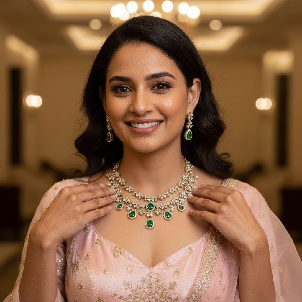 Emerald Green and Crystal Floral Double-Layer Victorian Stone Necklace and Earring Set VCT007