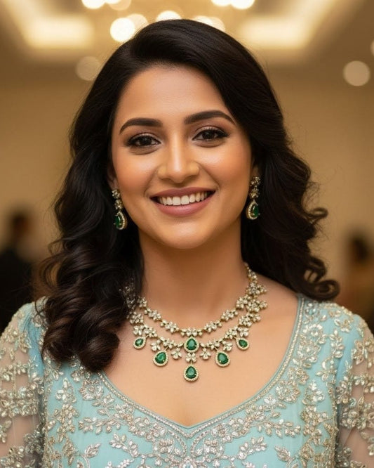 Emerald Green and Crystal Floral Double-Layer Victorian Stone Necklace and Earring Set VCT007