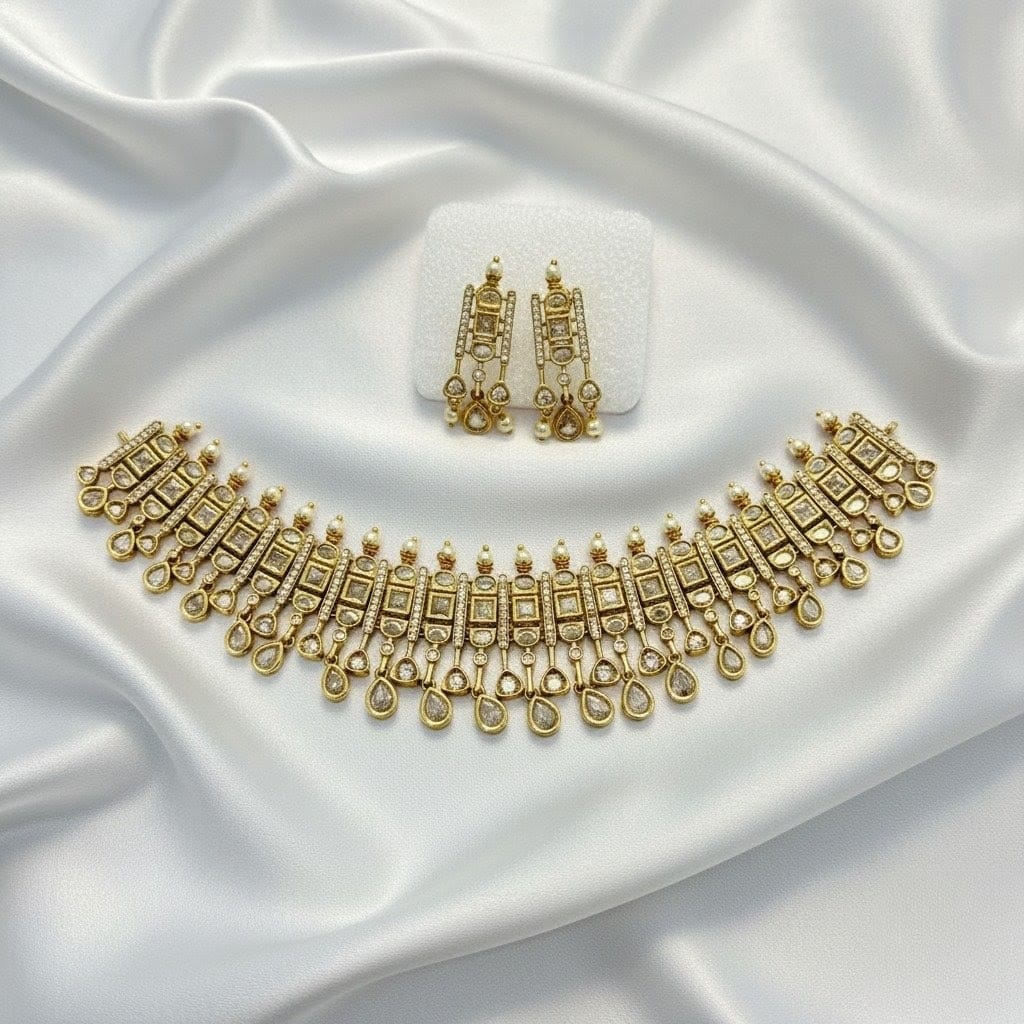Gold-Toned Kundan Choker Necklace Set with Matching Drop Earring CH014
