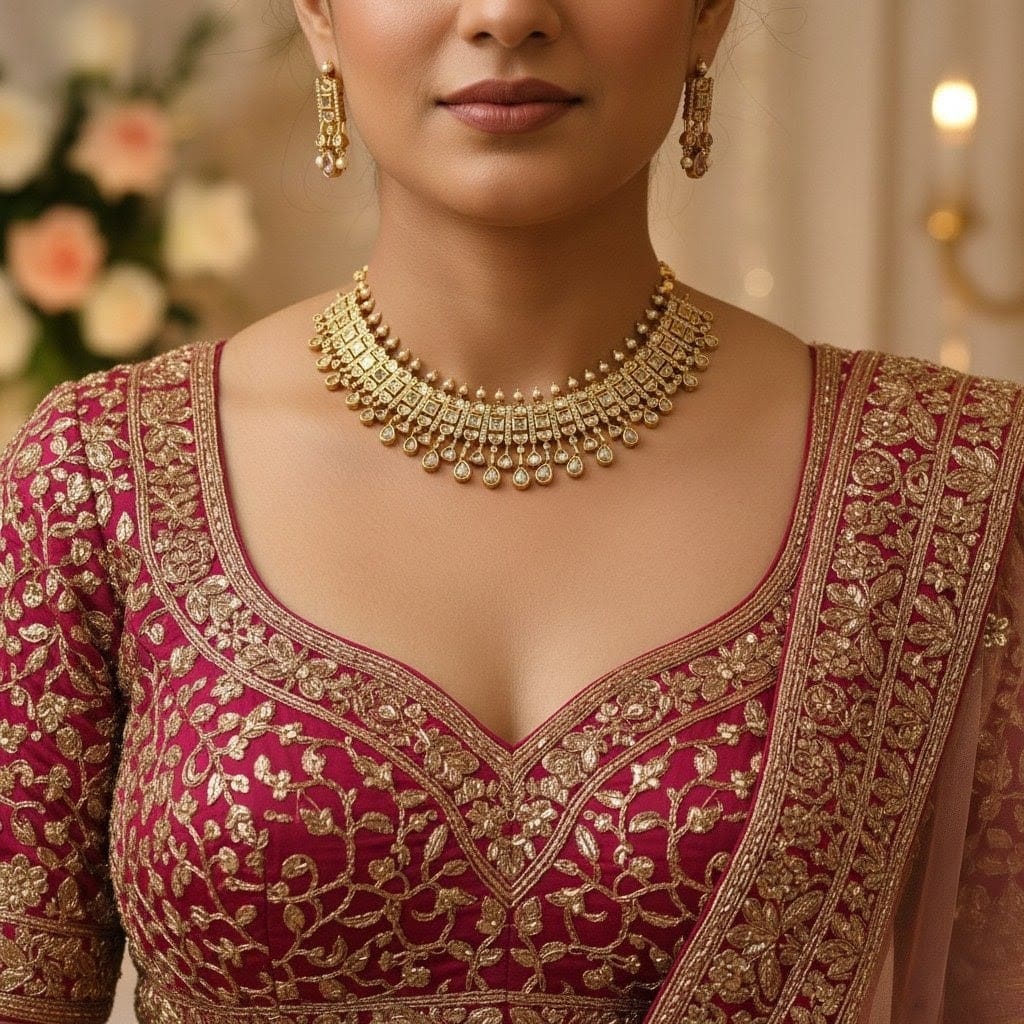 Gold-Toned Kundan Choker Necklace Set with Matching Drop Earring CH014